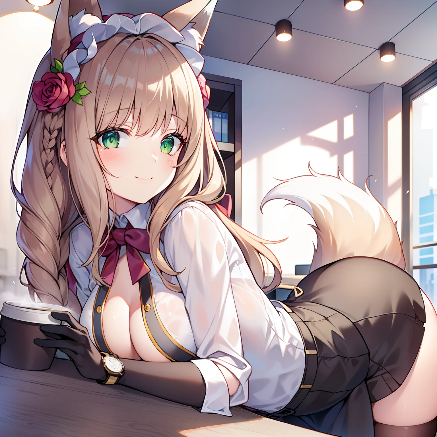 Masterpiece, Best quality, high resolution, 1girll, Solo, Oversized fox tail,Green eyes,(Long brown hair_Sideways French braided hair),Small flower headdress, (27years old,Big breasts wife)_Mature female figure_F Cup,Modern architecture,in a private office,Drinking coffee,Wearing OL uniforms_Black stockings,Close-up of lower body,ssmile,watch from the side,