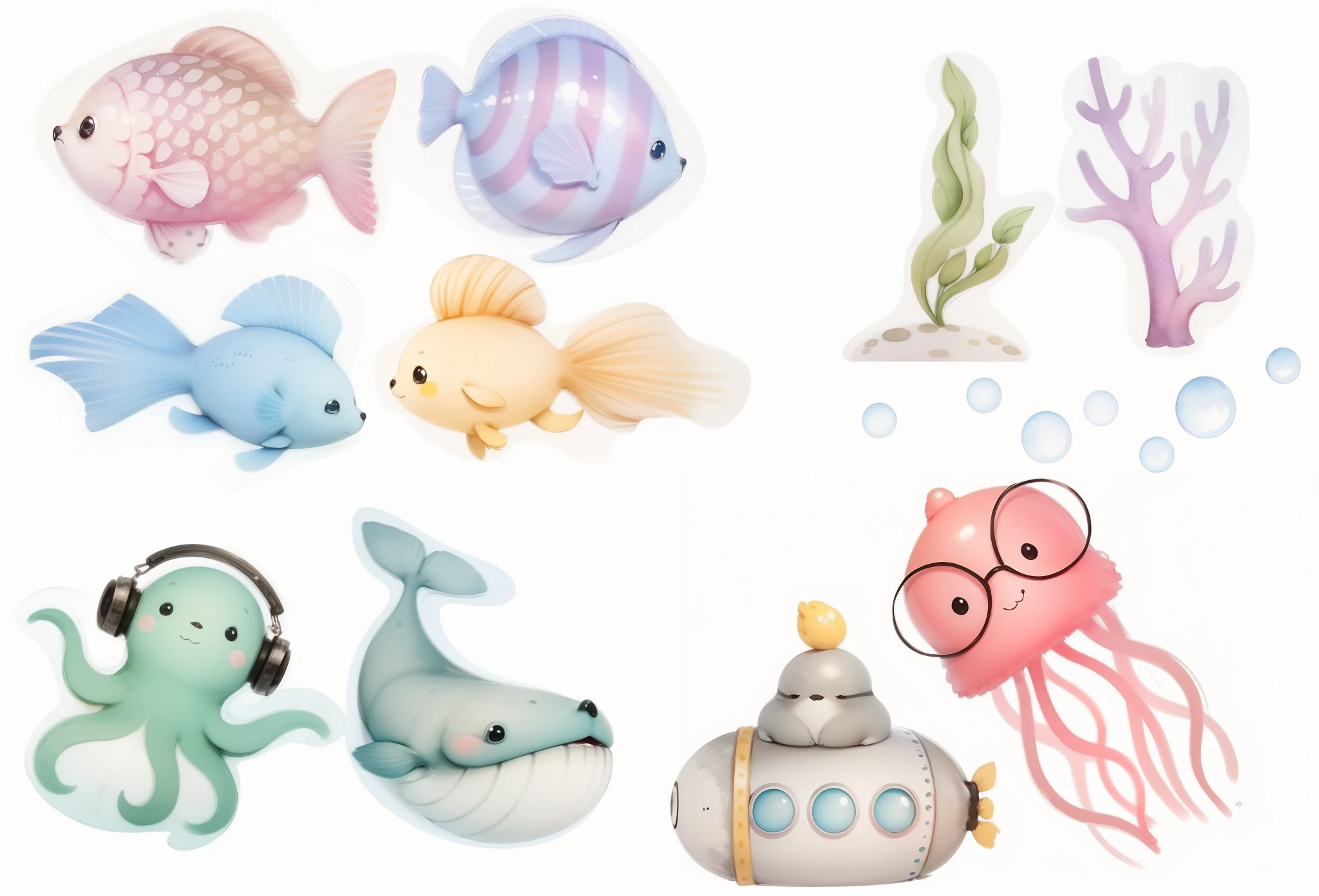 animais marinhos aquarelados fofos, bebes, corais , fundo do mar, alta resolução , Ghibli Style Studio.