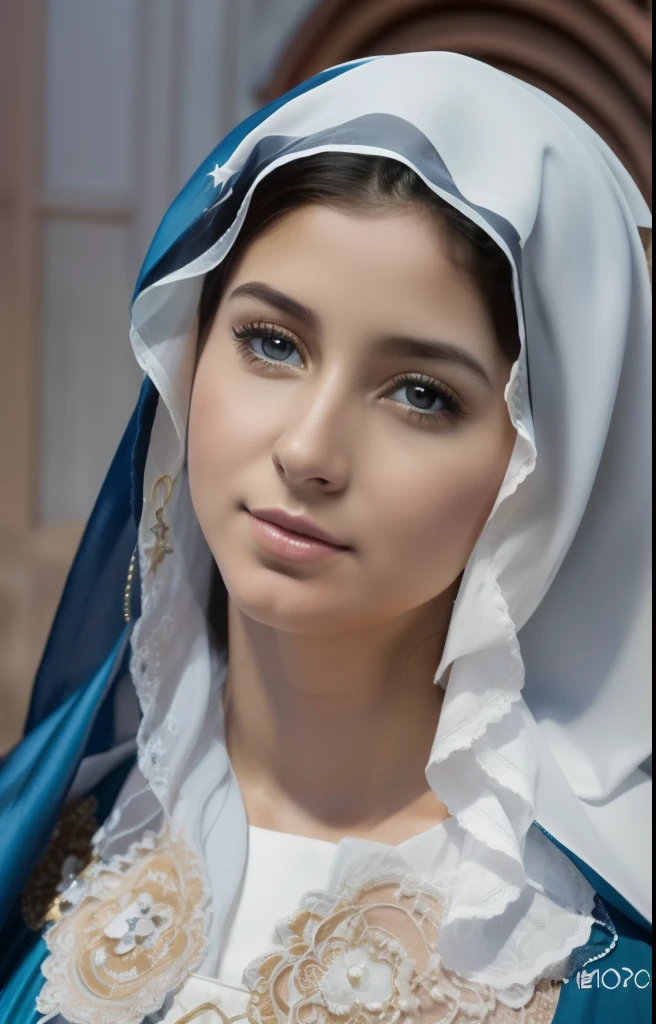 (((Blessed Virgin Mary))) Luminoso, obra maestra, (La mejor calidad: 1.2), (super fine: 1.2), illustration, (extremadamente delicado y hermoso: 1.2), movie angle, flotante, (Hermoso ojo de detalle: 1.1), (detalle luz: 1.1), Movie Lights, Cielo delicado, ojos azules, (Cola de caballo alta: 1.1), capa, ojuelos, cielo estrellado, (light particles: 1.1) dibujo, flor. (obra maestra), (La mejor calidad), (fotorrealista:1.3), 8k, Textura detallada de la piel, Textura detallada de la tela, hermosa cara detallada, Detalles intrincados, ultra detallado (cuerpo de cuerpo entero:1.2)