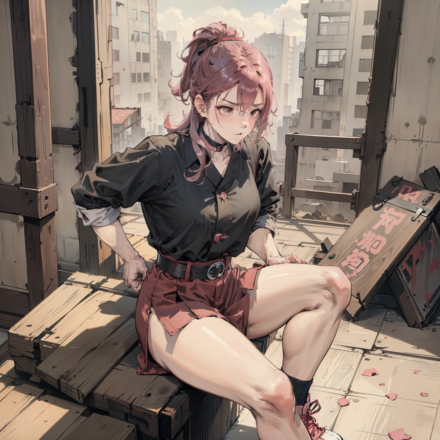 Muscle girl, Defined body, Developed body, Kung Fu Fighter, red blouse，With buttons, Black trousers, Black belt at the waist, pointy hair, with short black hair (The ends of the hair have pink hair), Wrestler shoes, Tired look, Sitting on the burden of the old warehouse, Abandoned internal warehouses, medieval environment.