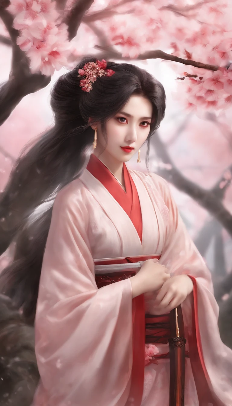 Danfeng Eyes,bushido,The upper part of the body,Black coiled hair,Simple hairpins,Cold eyes,solo person,orthofacial,frontage,Peach blossom background,Highly saturated colors,Hyper Real,8K high-definition,holding a longsword,Absolutely beautiful,high light,plethora of colors