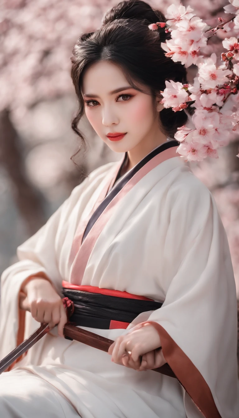 Danfeng Eyes，bushido，The upper part of the body，Black coiled hair，Simple hairpins，Cold eyes，solo person，orthofacial，frontage，Peach blossom background，Highly saturated colors，Hyper Real，8K high-definition，holding a longsword，Absolutely beautiful，high light，plethora of colors