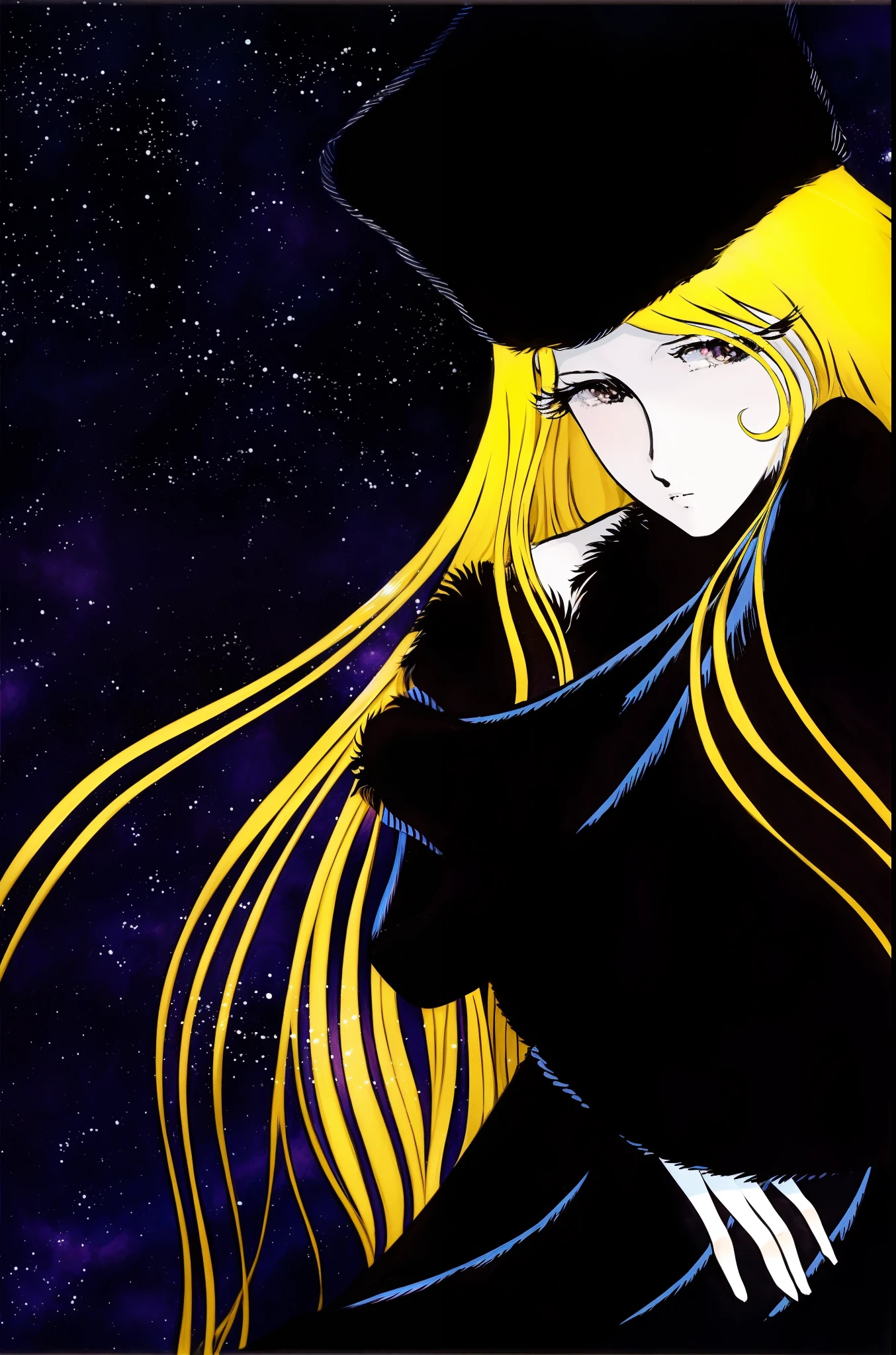 Anime art of a woman with long blonde hair and a black hat, the sailor galaxia. Beautiful, in a cloak with long hairs, Leiji Matsumoto, anime art nouveau cosmic display, by Harumi Hironaka, blonde anime girl with long hair, Inspired by Amano, inspired by Sakai Hōitsu, by Yumihiko Amano
