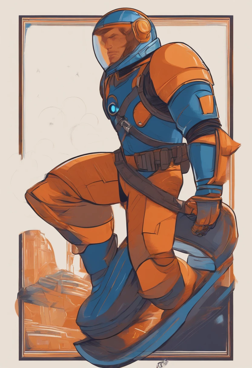 Personagem para em desenho estilo Pixar da Disney mostrando corpo inteiro com uma escada nas costas capacete com cores Azul e Laranja