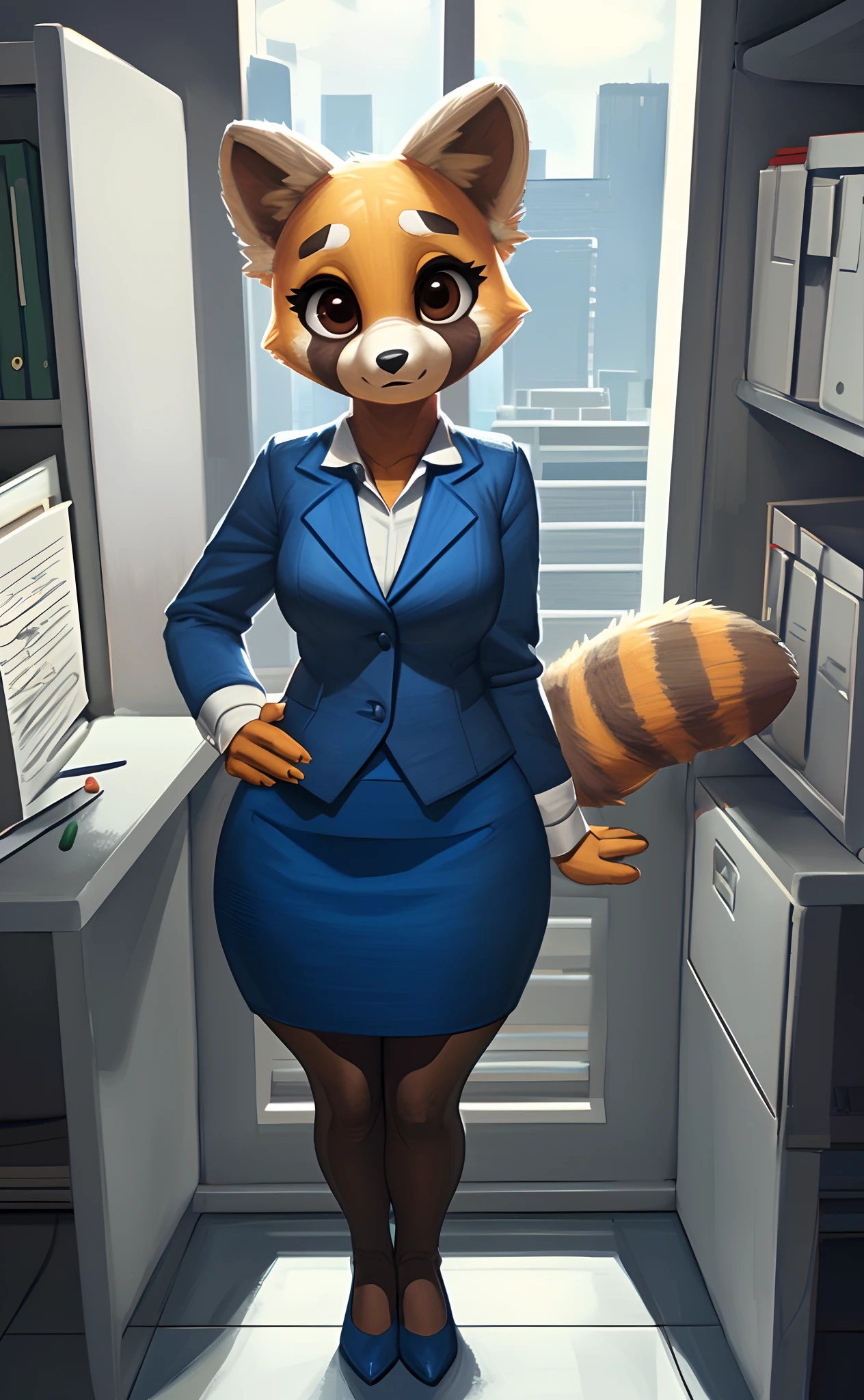 [retsuko], [aggretsuko], [Uploaded to e621.net; (Pixelsketcher), (wamudraws)], ((masterpiece)), ((HD)), ((solo portrait)), ((front view)), ((feet visible)), ((furry; anthro)), ((detailed fur)), ((detailed shading)), ((beautiful render art)), ((intricate details)), {anthro; orange fur, black nose, small brown eyebrows, cute brown eyes, (short eyelashes), raccoon tail, (gorgeous hips), (beautiful legs), (beautiful feet)}, {(office woman), (blue blazer sweater), (short blue pencil skirt), (opaque pantyhose), (blue heels)}, {(standing), (looking at viewer)}, [background; (cubicles), (white walls), (window), (blue sky), (sun rays)]