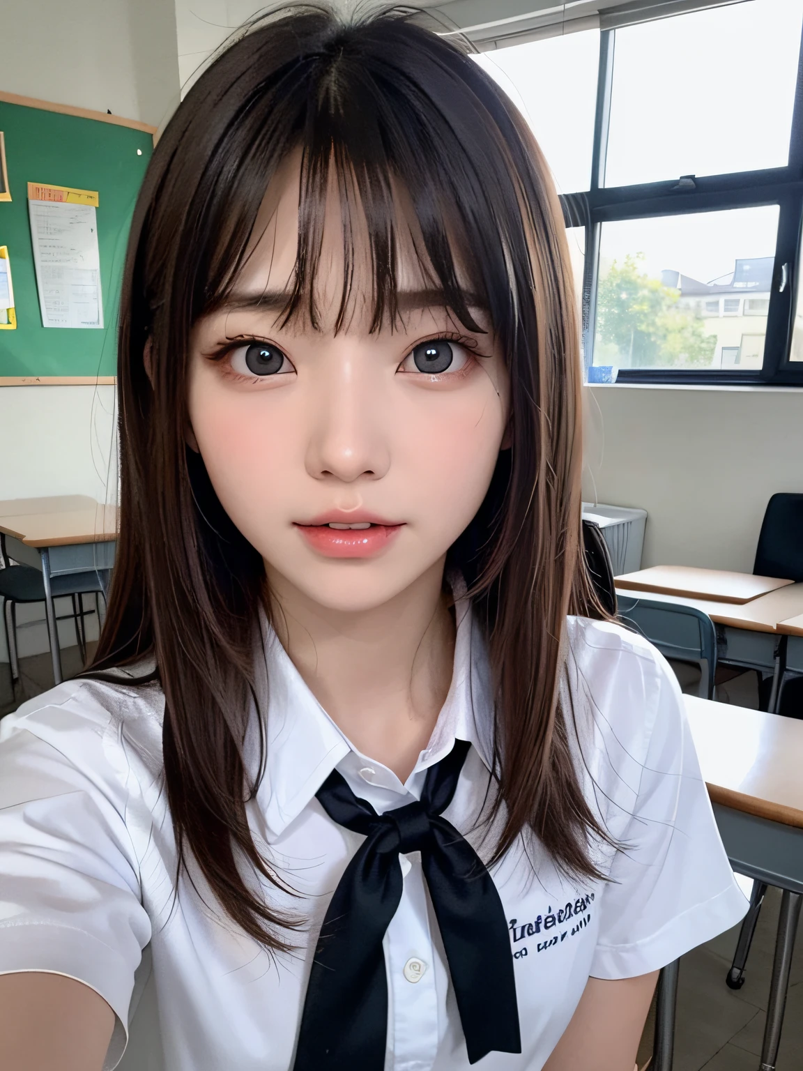 bright expression、photorealisim、top-quality、超A high resolution、a picture、Photos of the most beautiful Nordic girls、Detailed cute and beautiful face、a small face、(pureerosface_v1:0.008)、Beautiful bangs、alice in the wonderland、18year old、Glowing white shiny skin、Hair tangled in the face、Bangs that extend to the face、bangss、Hair between the eyes、Super long hair、Attractive brown super long straight silky hair、finer hair、Attractive glowing beautiful bright clear light blue big eyes、School Uniforms、student clothes、eye liner、Double eyelids、ample breasts、Reflecting the thighs、Dynamic Pose