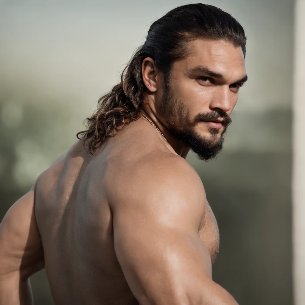 Homem arrogante de cabelos compridos , masculino e robusto, masculino sexy, sem camisa, jason momoa, masculino e bonito, strong masculine traits,, christian cline, mid-shot de um macho bonito, he is a rockstar, rasgado, o extremamente quente e sexy, macho atraente, Pants, tattoo on upper arm