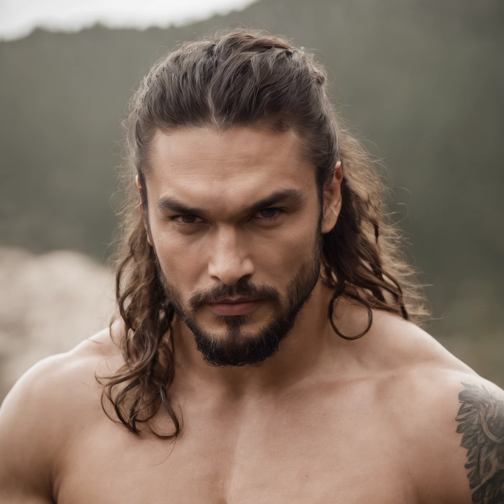 Homem arrogante de cabelos compridos , masculino e robusto, masculino sexy, sem camisa, jason momoa, masculino e bonito, strong masculine traits,, christian cline, mid-shot de um macho bonito, he is a rockstar, rasgado, o extremamente quente e sexy, macho atraente, Pants, tattoo on upper arm