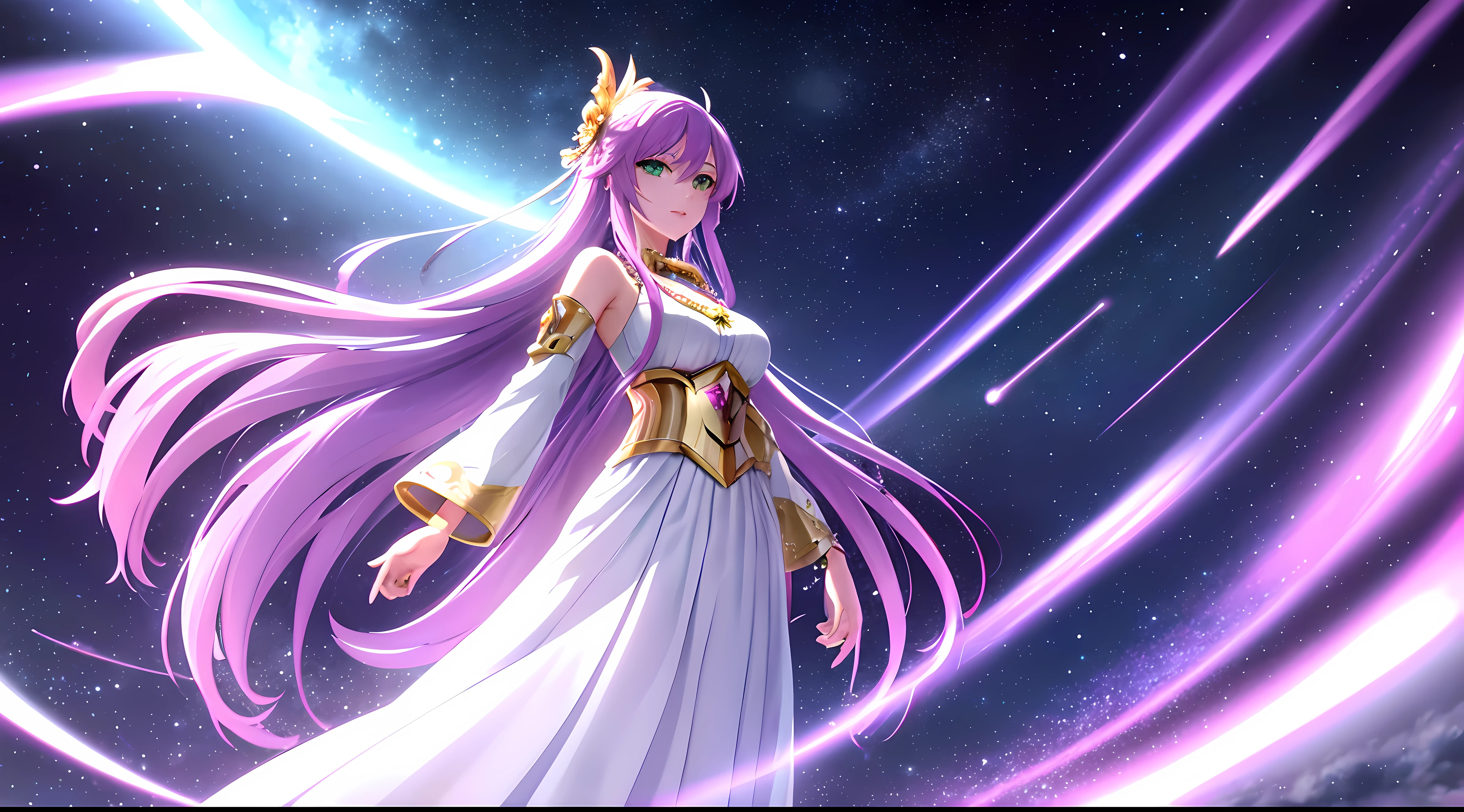 Athena with plain long light purple hair,hair between eyes,green eyes,rosy cheeks,full lips,thin eyebrows,slender body,wearing beads on neck and full long skirt,praying beads on neck,cute anime girl,full body,night sky nebulae in background,anime style,Lumen Reflections,Screen Space Reflections,Diffraction Grading,Chromatic Aberration,GB Displacement,Scan Lines,Ray Traced,Anti-Aliasing,FXAA,TXAA,RTX,SSAO,Shaders,OpenGL-Shaders, GLSL-Shaders,Post Processing,Post-Production,cell Shading,Tone Mapping,CGI,VFX,SFX,insanely detailed and intricate, 4K,standing, solo, masterpiece, best quality, detailed face, detailed eyes, highres, standing, solo,masterpiece, best quality