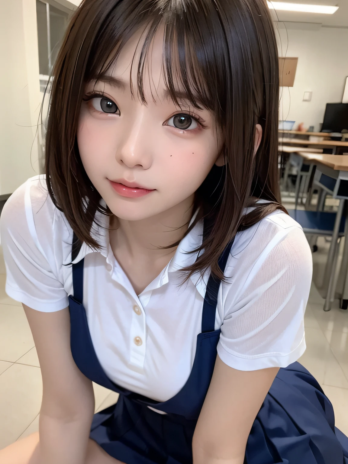 ((8K、Raw photography、top-quality、masterpiece)、high definition RAW color photos professional close-up photos、(realisitic、photorealisim:1.37)、(top-quality)、(Best Shadows)、鎖骨((Colossal tits))、((directly in front))、A sexy、超A high resolution、High-definition CG unified 8K、physically-based renderingt、Cinematographic lighting)、a 18 year old girl、 (dress shirts、bow ribbon、sockes、high-school uniform:1.2)、High School Classroom, beautiful finely detailed eyes, Light on the Face, ((FULL BODYSHOT:1.2)), especially strong light, (Kamimei,a smile:1.2),glowy skin、((A dark-haired、bobhair:1.2))、(up of face), full of shyness, (The Flash:1.2), NSFW, (puffies, ((enchanting posture:1.2, enticing:1.2)), (Idol)、((Sit at a desk in the classroom:1.2)), ((Good anatomy:1.2))、((Bright and refreshing classroom、blur backgroun:1.2))、face perfect、kawaii faces、(high-angle shot:1.2)