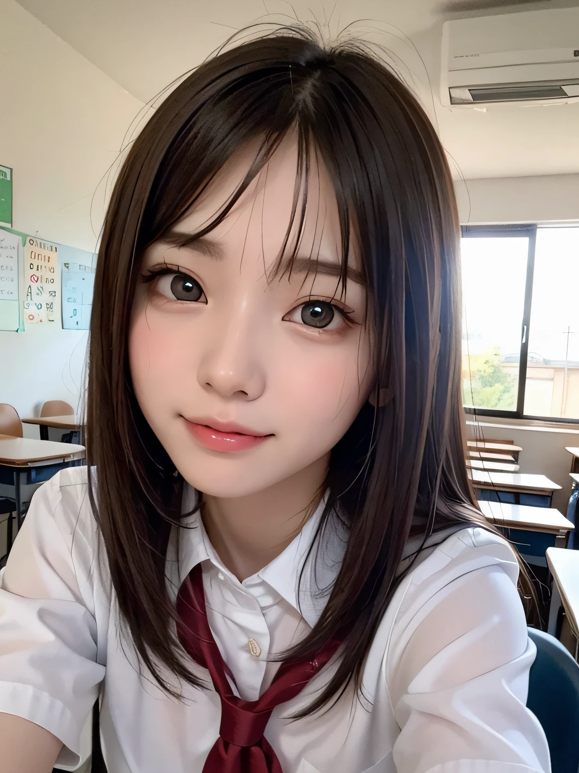(masterpiece, highest quality, Super detailed, detailed face, 8k)、slim、flat body、cute、round face、one girl、, light blue long hair, dark blue, sit in class, black school modern uniform, anime,(selfie:1.5)