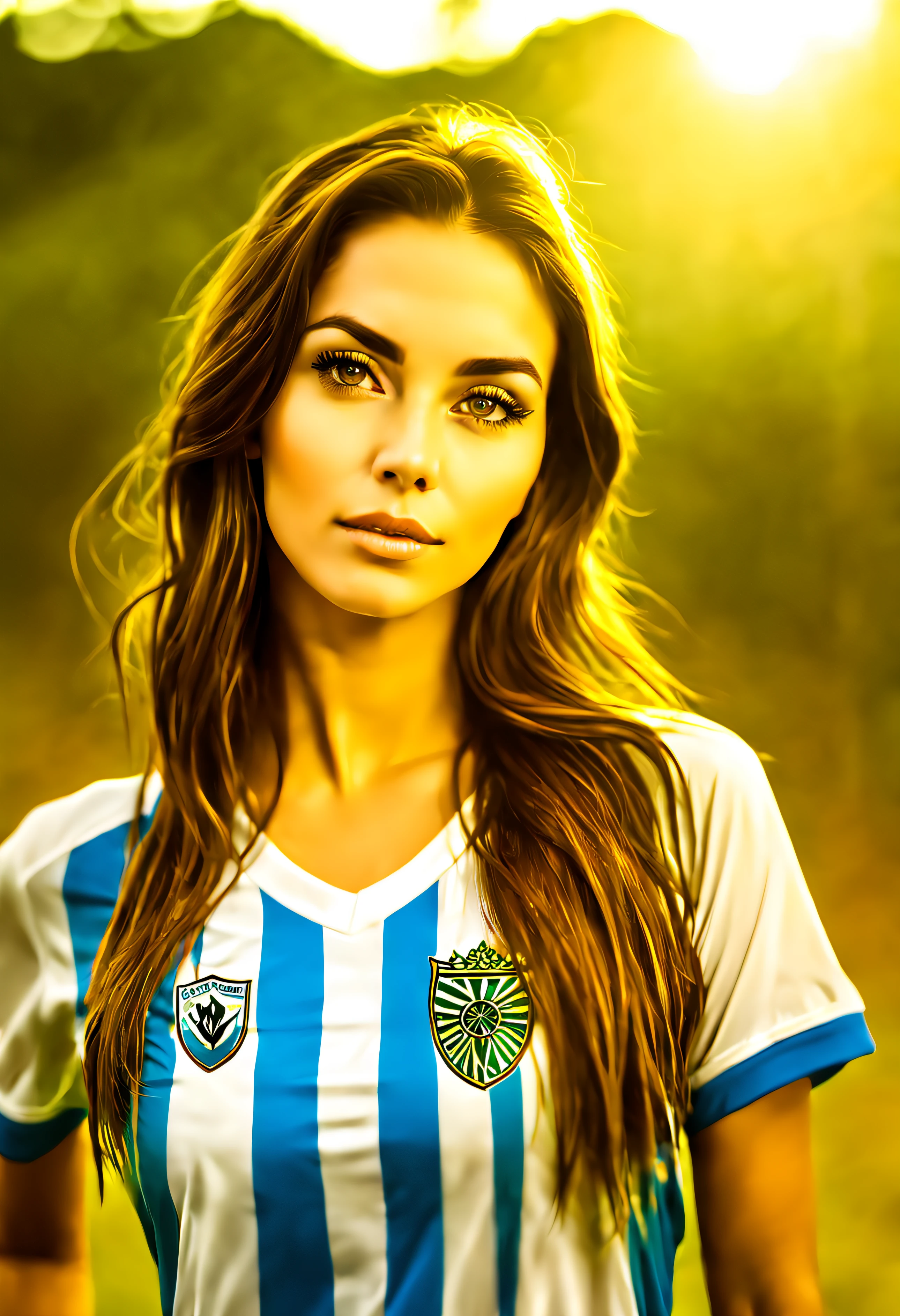 Beautiful mystical woman with brown hair, vestindo apenas uma camiseta de futebol, a camiseta do paysandu, torcedora do paysandu seminua, vestindo apenas a camiseta OFICIAL do time, em uma linda floresta apreciando o por do sol