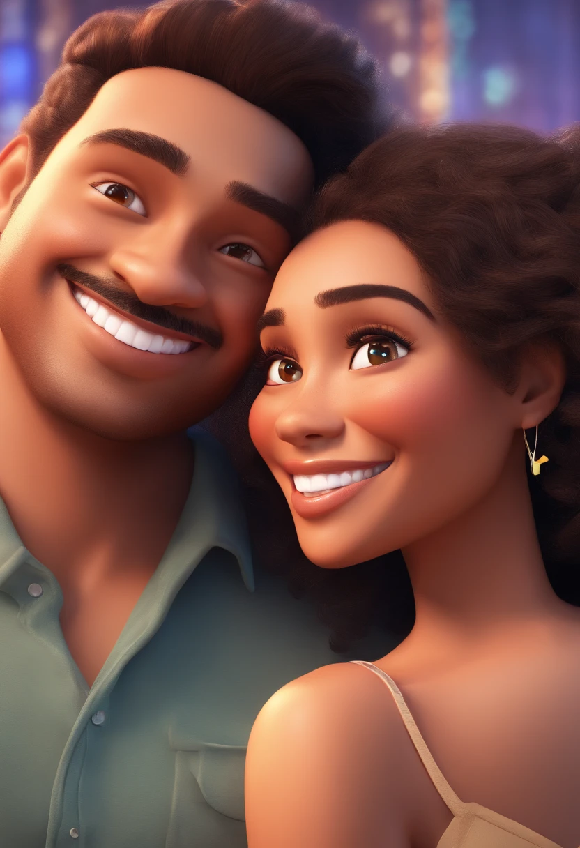 An illustration of an adorable couple, Highlight for a chubby mulatto man with glasses smiling and a brunette woman with beautiful expressive eyes - the man's skin is mulatto and the man's hair haswhile the woman's skin is black and the woman's hair is straight and brown. They are a bright room, cada um com um sorriso no rosto, e compartilhar um momento especial caracterizado pelo amor, Insights. Illustrate this scene from a perspective where they are facing the camera, Smiling and Showing Your Connection. Desenvolva esta arte em Full HD, Focus on your cinematic touch, Estilo Disney Pixar Animations