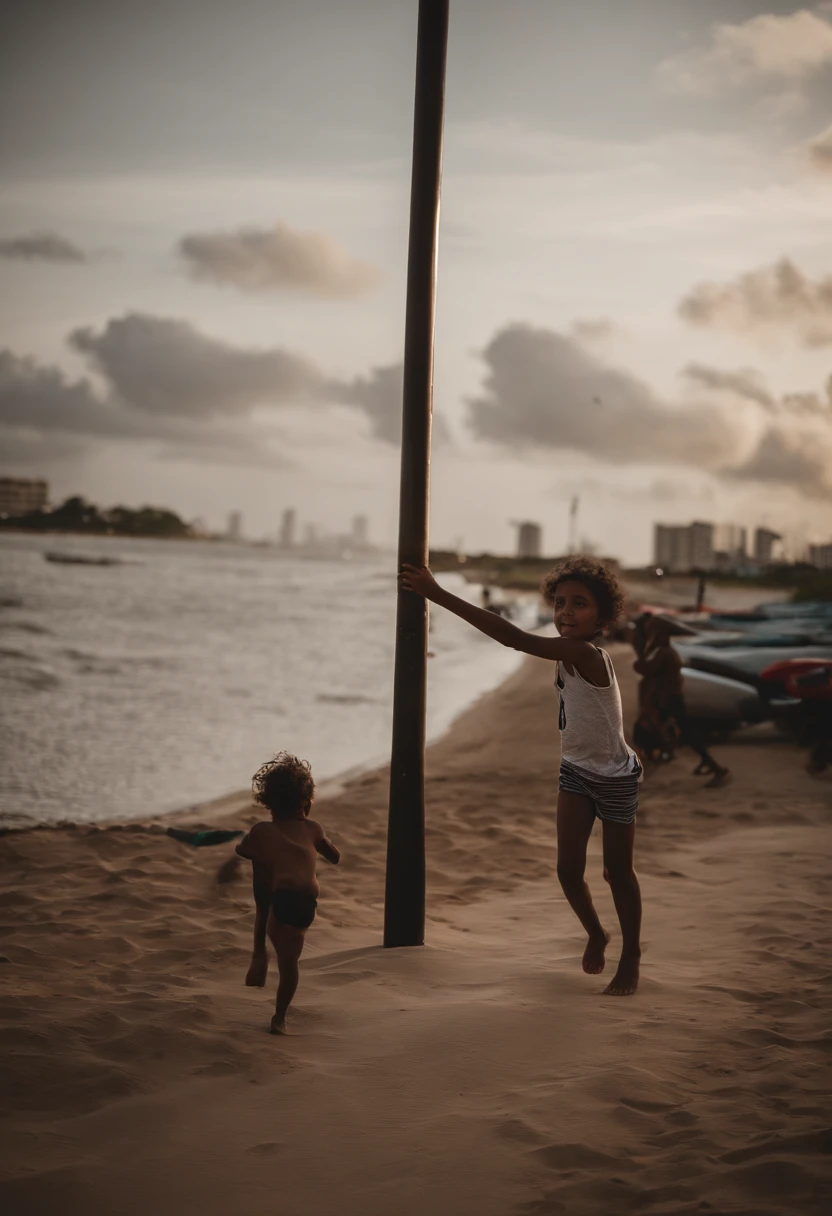 In the background, the symbol of the Atalaia de Aracaju waterfront, na frente, A very strong wind that you can see by the papers and dirt in the air, a holding on to a pole while the others are dragged away, Shaped like suction for a gigantic tube that comes from space sucking in the whole city