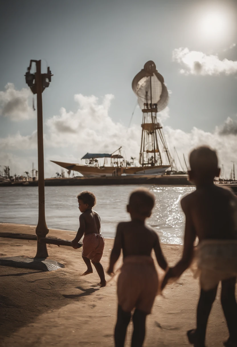 In the background, the symbol of the Atalaia de Aracaju waterfront, na frente, A very strong wind that you can see by the papers and dirt in the air, a child holding on to a pole while the others are dragged away, Shaped like suction for a gigantic tube that comes from space sucking in the whole city