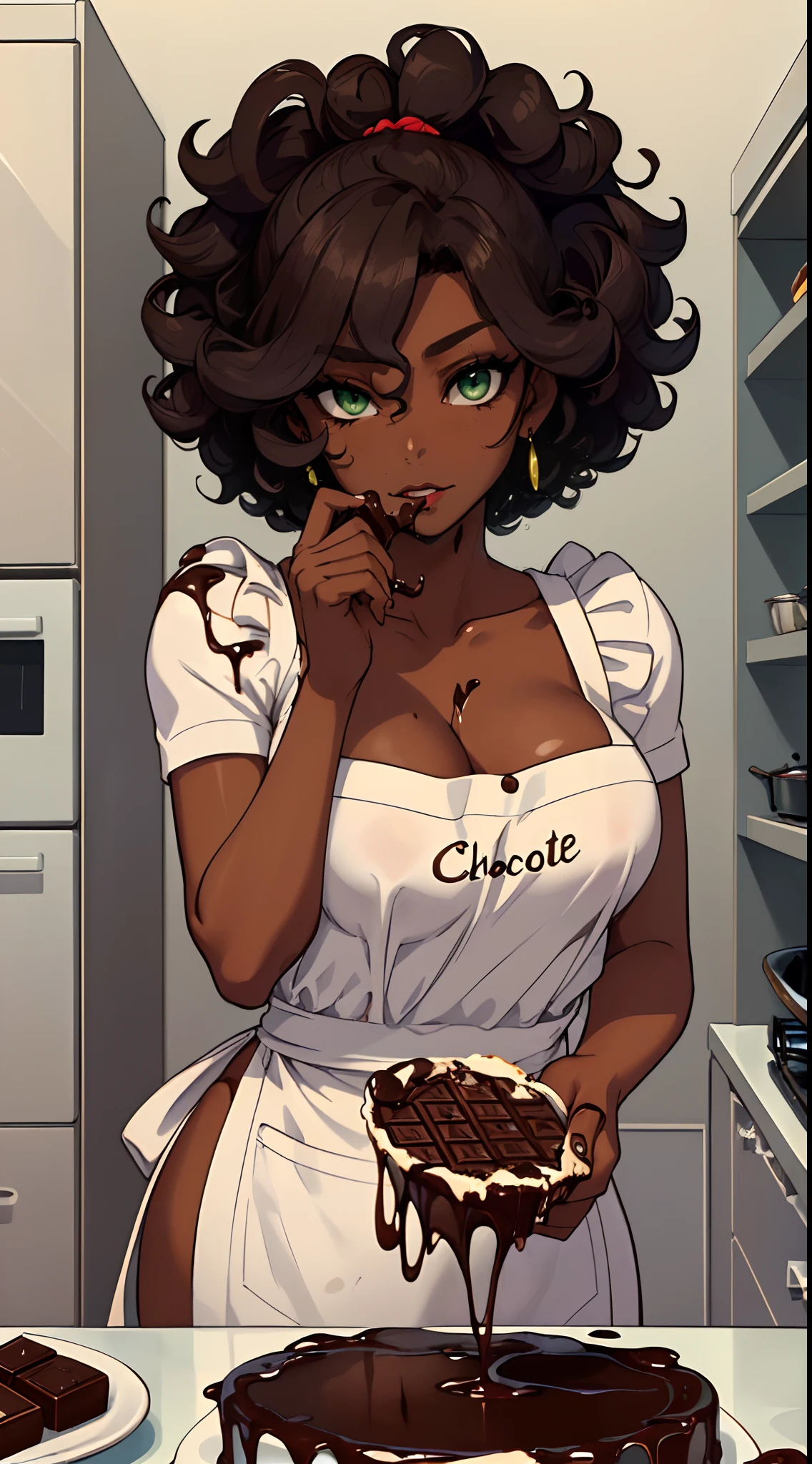 (((Masterpiece, hiquality, absurdress), 1Woman, black hair, curly hair, Afro-curly hair, Green eyes, a perfect face, the perfect body, big breastes, sports body, short stature, (((very dark skin))), 独奏, Detailed eyes and face, makeup, red-lips, apron, Cook costume, Pour the chocolate into the molds, Making Chocolate, kitchen, a table, slab, Chocolates and candies on the table