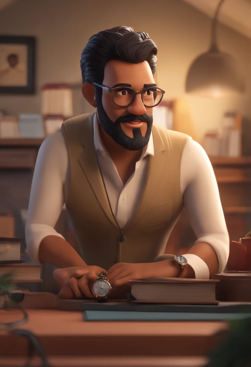 A 3D movie poster in the Disney-Pixar style of a 34-year-old man, 1.60 meters tall, stocky, wearing glasses, with black hair and a graying beard. He is a speaker, dressed in a high-collared shirt, a businessman, and is of Brazilian descent. He wears a small necklace and a golden ring. His face is somewhat round, with small black eyes and a smiling expression. He is in an office, contemplating how he has helped numerous entrepreneurs achieve success in their careers through his training.