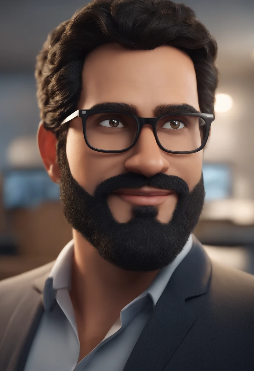 A 3D movie poster in the Disney-Pixar style of a 34-year-old man, 1.60 meters tall, stocky, wearing glasses, with black hair and a graying beard. He is a speaker, dressed in a high-collared shirt, a businessman, and is of Brazilian descent. He wears a small necklace and a golden ring. His face is somewhat round, with small black eyes and a smiling expression. He is in an office, contemplating how he has helped numerous entrepreneurs achieve success in their careers through his training.
