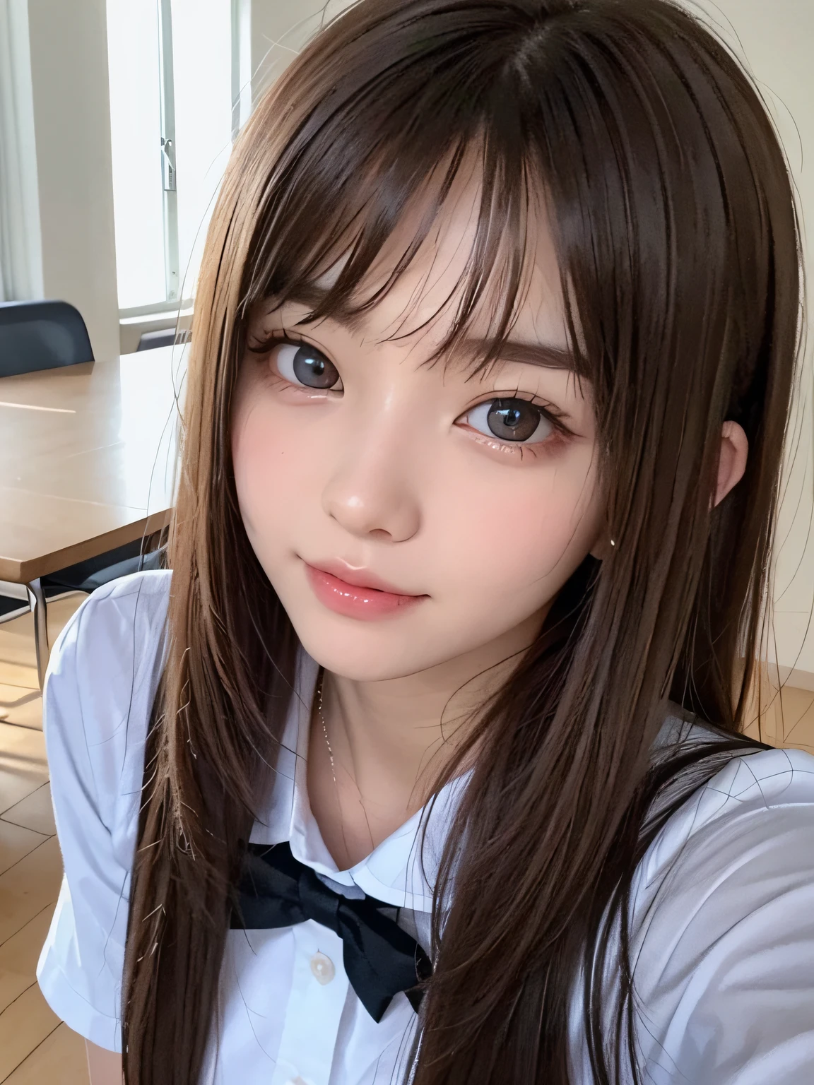 bright expression、photorealisim、top-quality、超A high resolution、a picture、Photos of the most beautiful Nordic girls、Detailed cute and beautiful face、a small face、(pureerosface_v1:0.008)、Beautiful bangs、alice in the wonderland、18year old、Glowing white shiny skin、Hair tangled in the face、Bangs that extend to the face、bangss、Hair between the eyes、Super long hair、Attractive brown super long straight silky hair、finer hair、Attractive glowing beautiful bright clear light blue big eyes、School Uniforms、student clothes、eye liner、Double eyelids、ample breasts、Reflecting thighs、Dynamic Pose