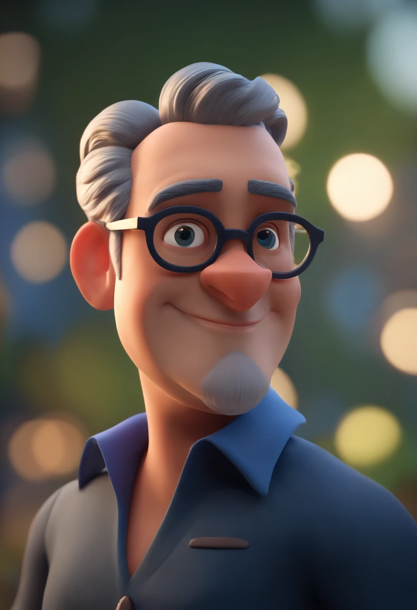 Cartoon character of a man wearing black glasses and a blue shirt, um personagem animado, Caractere estilizado, animation style rendering, 3D estilizado, Arnold Maya render, 3 d render stylized, toon render keyshot, Personagem 3D, Personagem 3D, 3d rendering stylized, 3 d character render, personagem de desenho animado, Personagem de close up, Pose de personagem, (Estilo Pixar) (master part:1.2) (Bokeh) (best quality) (pele detalhada) (textura detalhada) (8k) (argila) (Cinematic lighting) (foco nítido，Senta e vaza a parte superior do corpo