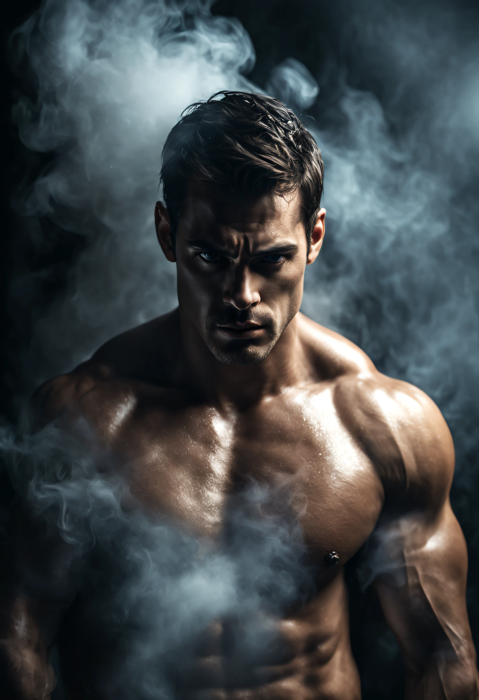 Photo RAW portrait handsome super man, piercing gaze, high quality textures, high quality shadows, high detail, beautiful detail, fine detail, extremely detailed computer graphics, detailed textures, realistic faces, atmosphere of fear and unease, sensual moment from the point of view of someone in a close embrace with a muscular man bathing in smoke