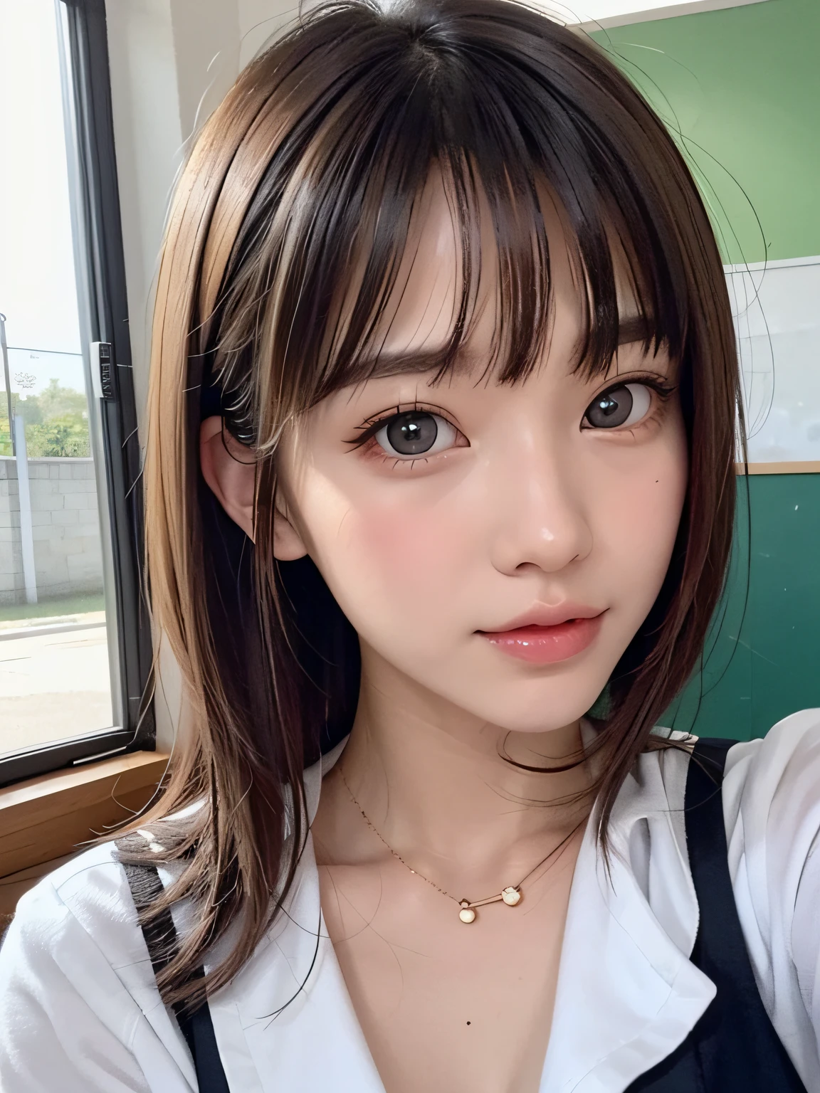 bright expression、photorealisim、top-quality、超A high resolution、a picture、Photos of the most beautiful Nordic girls、Detailed cute and beautiful face、a small face、(pureerosface_v1:0.008)、Beautiful bangs、alice in the wonderland、18year old、Glowing white shiny skin、Hair tangled in the face、Bangs that extend to the face、bangss、Hair between the eyes、Super long hair、Attractive brown super long straight silky hair、finer hair、Attractive glowing beautiful bright clear light blue big eyes、School Uniforms、student clothes、eye liner、Double eyelids、ample breasts、Reflecting thighs、Dynamic Pose