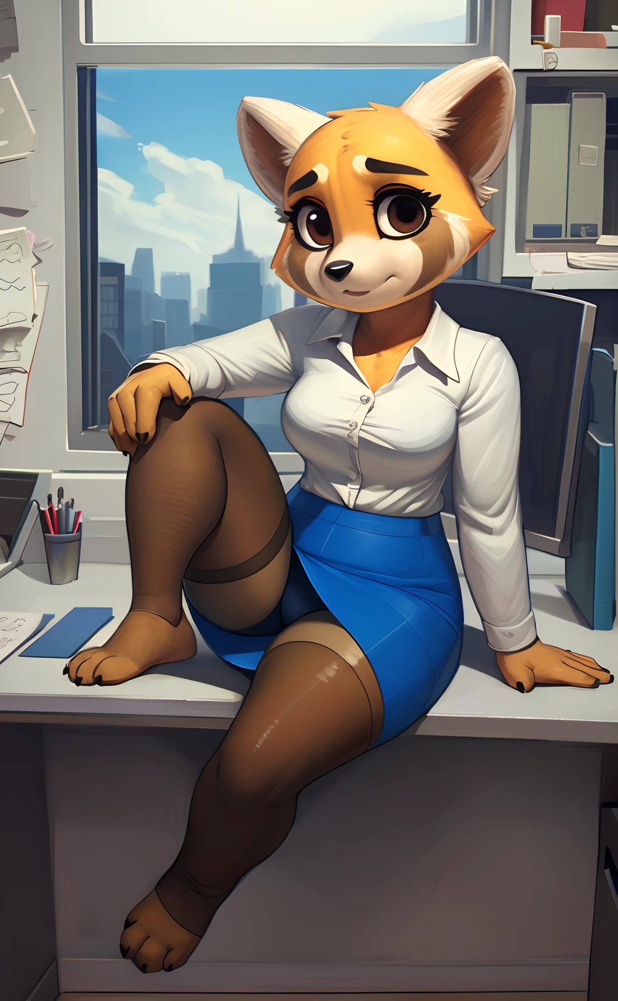 [retsuko], [aggretsuko], [Uploaded to e621.net; (Pixelsketcher), (wamudraws)], ((masterpiece)), ((HD)), ((solo portrait)), ((front view)), ((feet visible)), ((furry; anthro)), ((detailed fur)), ((detailed shading)), ((beautiful render art)), ((intricate details)), {anthro; orange fur, black nose, small brown eyebrows, cute brown eyes, (short eyelashes), raccoon tail, (gorgeous hips), (camel toe), (beautiful legs), (beautiful feet)}, {(office woman), (white button-up shirt), (short blue pencil skirt), (opaque pantyhose), (upskirt panties)}, {(sitting on desk), (leg raised), (looking at viewer)}, [background; (cubicles), (white walls), (window), (blue sky), (sun rays)]