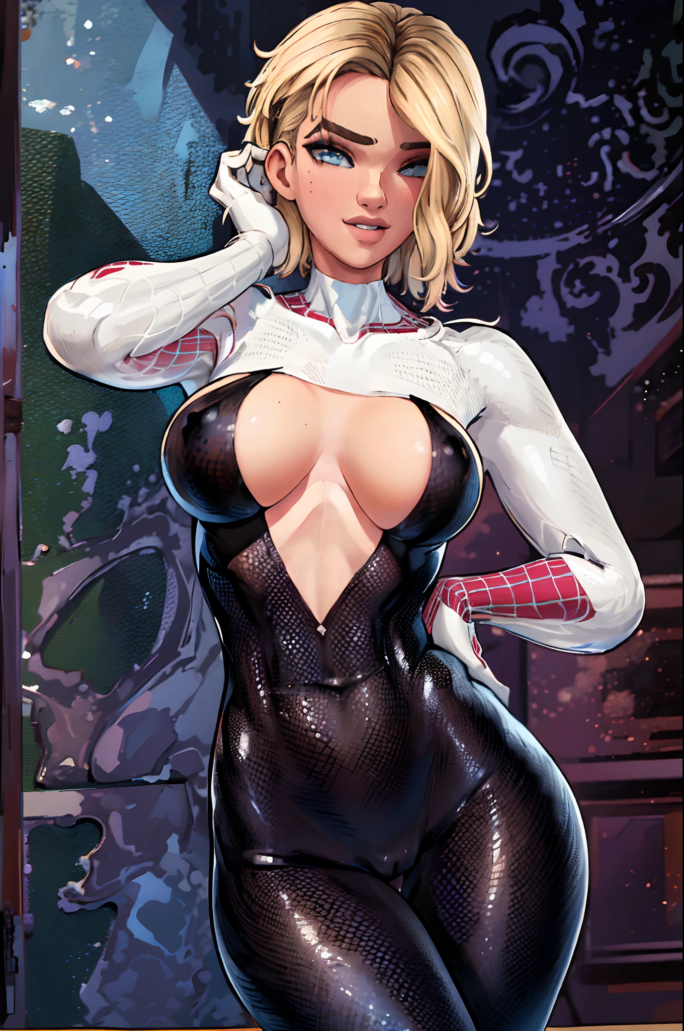(master part, 4k resolution, ultra-realistic, Very detailed), (white superhero theme, Charismatic, there's a girl on top of town, vestindo o traje do Homem-Aranha, She's a superhero), [ ((rosto perfeito), (olhos perfeitos), (longos cabelos brancos:1.2), corpo inteiro, (olhos azuis:1.2), ((pose do Homem-Aranha),demonstration of strength, Jumping from one building to another), ((ambiente urbano arenoso):0.8)| (Cityscape, at night, dynamic lights), (pegue a chave))] # Explanation: The Prompt mainly describes a 4K painting of ultra-high definition, very realistic, Very detailed. It shows a superheroine at the top of the city, vestindo uma fantasia de Homem-Aranha. The theme in the painting is a white superhero theme, a protagonista feminina tem longos cabelos brancos, young  woman, and his whole body is shown in the painting. In terms of portraying the actions of superheroines, spiders are employed