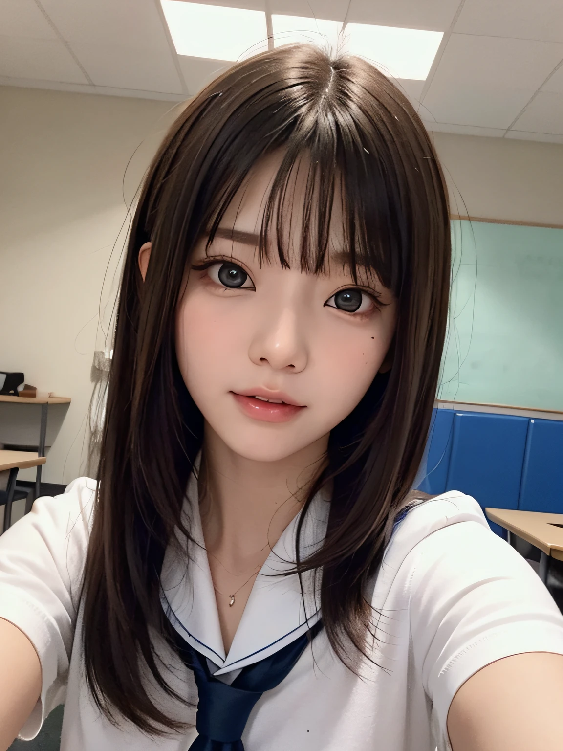 bright expression、photorealisim、top-quality、超A high resolution、a picture、Photos of the most beautiful Nordic girls、Detailed cute and beautiful face、a small face、(pureerosface_v1:0.008)、Beautiful bangs、alice in the wonderland、18year old、Glowing white shiny skin、Hair tangled in the face、Bangs that extend to the face、bangss、Hair between the eyes、Super long hair、Attractive brown super long straight silky hair、finer hair、Attractive glowing beautiful bright clear light blue big eyes、School Uniforms、student clothes、eye liner、Double eyelids、ample breasts、Reflecting thighs、Dynamic Pose