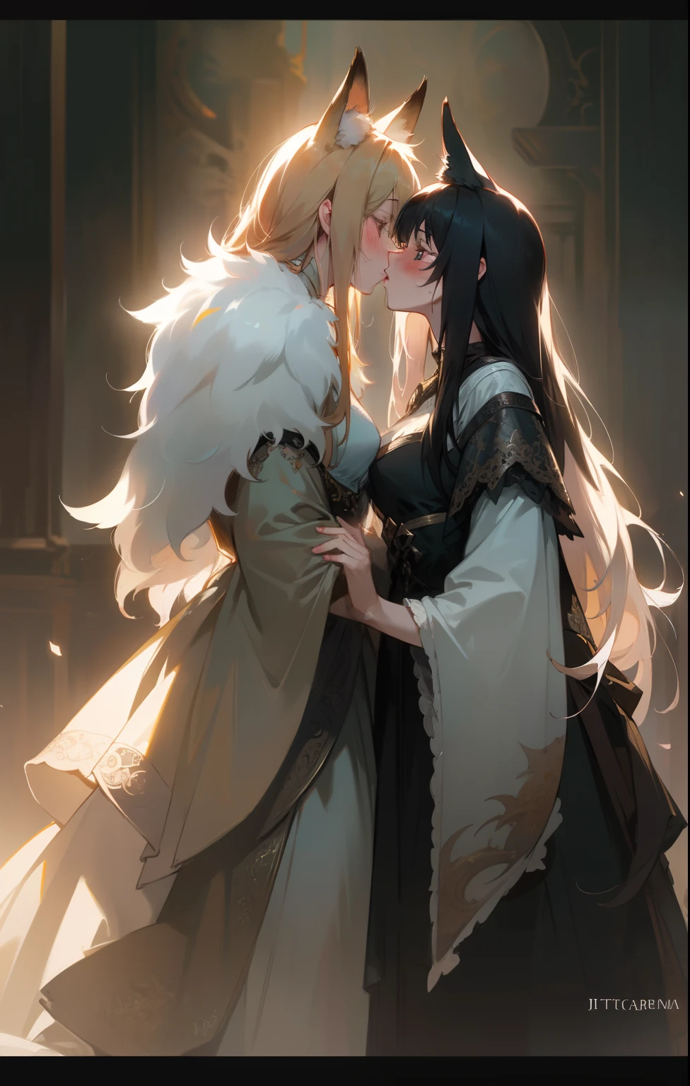 ((masterpiece)), ((best quality)), intricate details, cinematic light, fox ears, fluffy hair, (fluffy tail:1.2), (yuri), small breasts, blush, ((kiss)), HDR, 8k resolution, art by rutkowski and artgerm, blurry, soft cinematic light, adobe lightroom, photolab, intricate, highly detailed, (((depth of field))), BREAK, epic realistic, (hdr:1.5), ((neutral colors)), art, (muted colors:1.2), hyperdetailed, (artstation:1.5), warm lights, dramatic light, (intricate details:1.2), look at each other,
