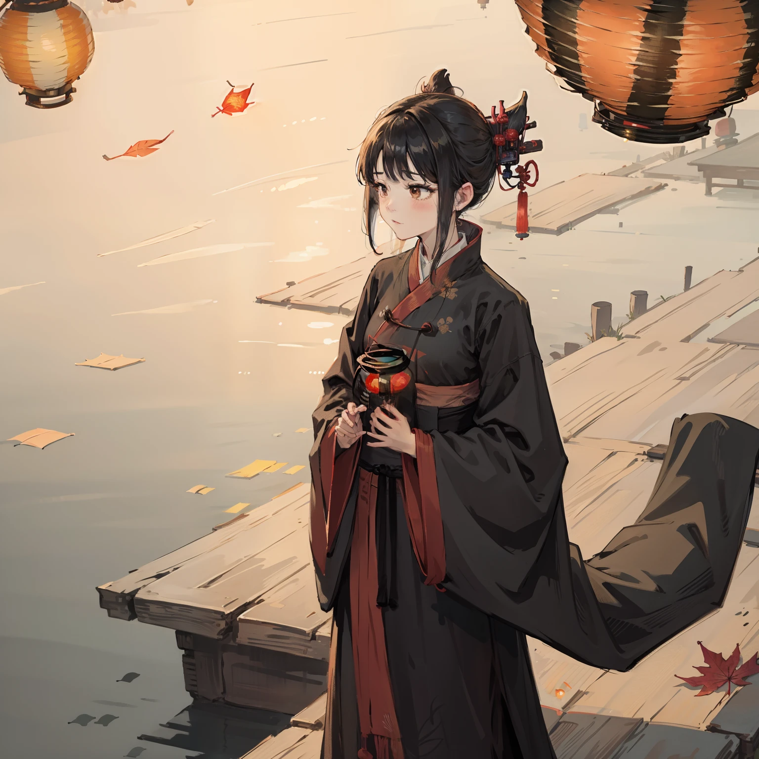 offcial art, Unity 8k wallpaper, Ultra detailed, Beautiful and aesthetic, Masterpiece, Best quality, (Fire, water, ribbon, paper cut out), (Fractal art:1.3) 1girll,Building, (Solo:1.5), Chinese_clothes, sky, Outdoors, Wide_Sleeves, black_Hair, Sunset, (Falling_Leaves:1.2), Anttern, (Paper_lantern:1.5),Blue sky, (Outdoors:1.5),Hanfu, (rainbow-candy:0.8), (style-swirlmagic:0.8),