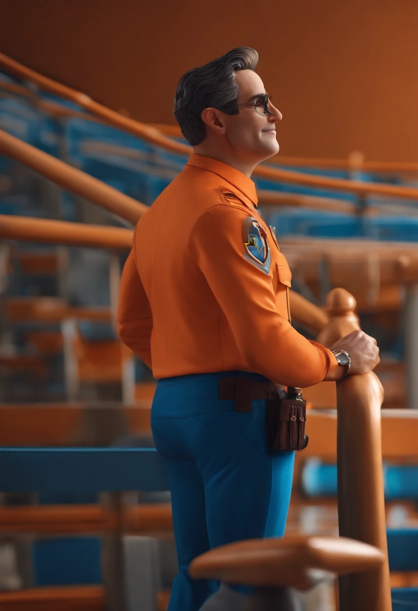 Personagem homem de 30 anos, estilo Pixar, corpo inteiro, alta qualidade, com uma escada nas costa, roupa com cores azul e laranja