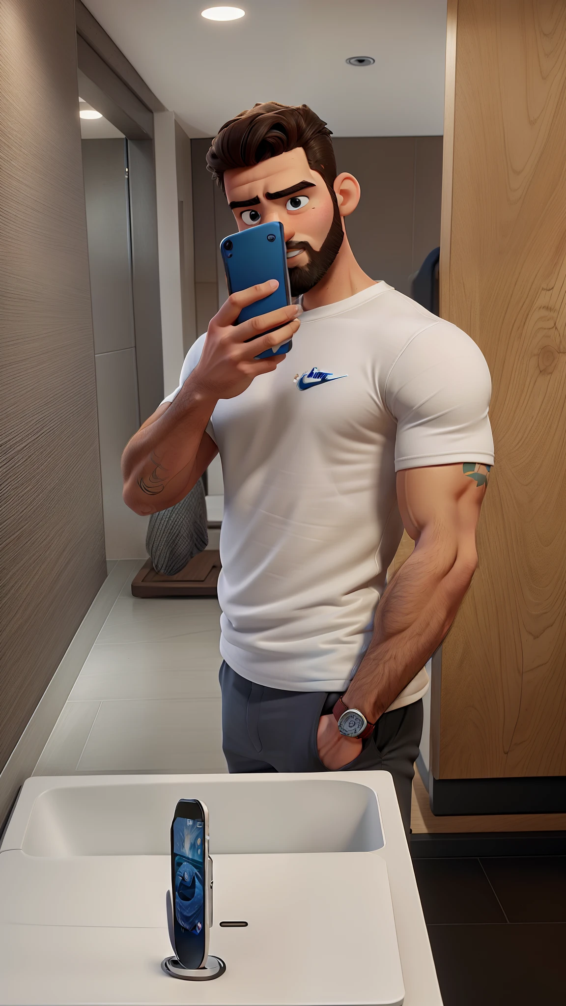 ** A young man with a beard and white Nike shirt holding an iPhone in his hand, covering a bit of his face and with a strong physique, style similar to Pixar animation, The lighting is natural and soft, tom de cor mistura cores quentes e frias, Reflects trust (corpo inteiro)