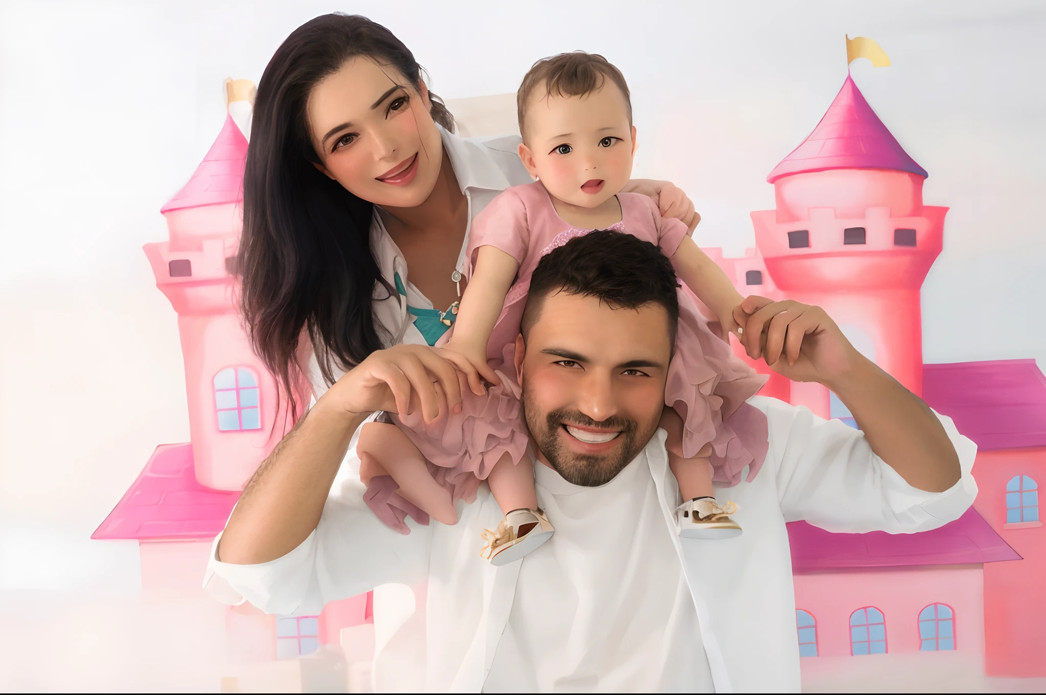 There's a man and a woman holding a in front of a castle, Happy family, Directed by: Nandor Soldier, edu souza, portrait of family of three, imagem retrato, advertising photo, family portrait, family photography, 1614572159, by Amelia Peláez, Directed by: Márta Lacza, Malika Favre