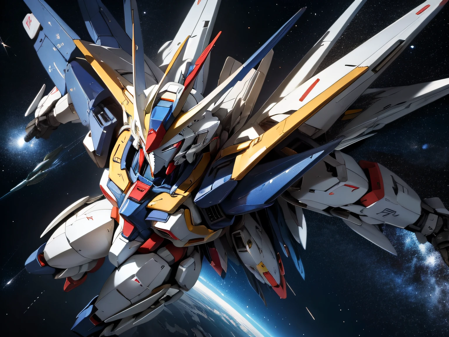 BlueＺGundam、Mobile Suit Gundam、flying in space、Beautiful stars and earth background、Mobile Suit Gundam