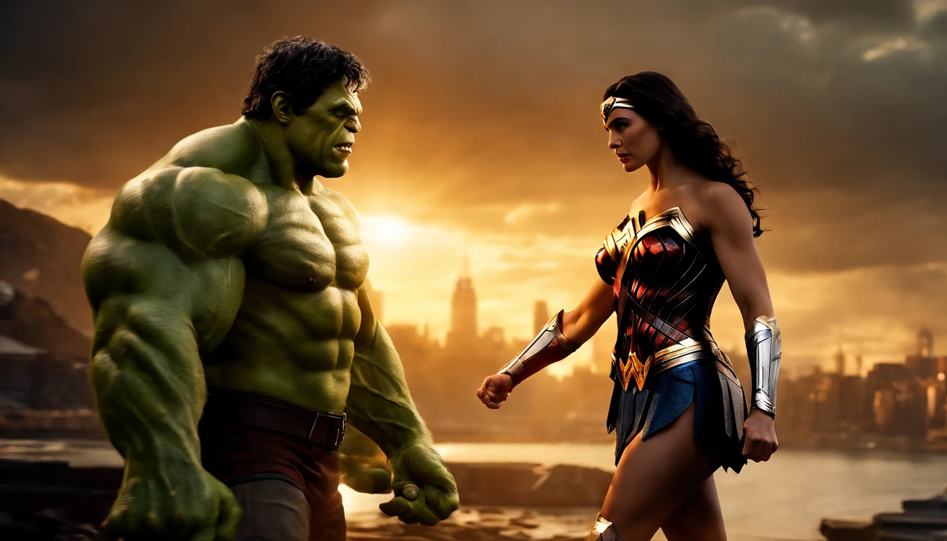 realistic, personality: [Illustrate the Hulk-Hulk, in the destroyed cityscape. The sun is setting behind him, casting a golden glow on the scene. Suddenly, a gust of wind catches Hulk-Hulk's attention and he turns around. Wonder Woman-Gal Gadot stands before him, silhouetted by the setting sun. Her face is strong but gentle, radiating confidence and power. The scene shows the moment of their first meeting, highlighting the contrast between Hulk's rage and Wonder Woman's calm demeanor] unreal engine, hyper real