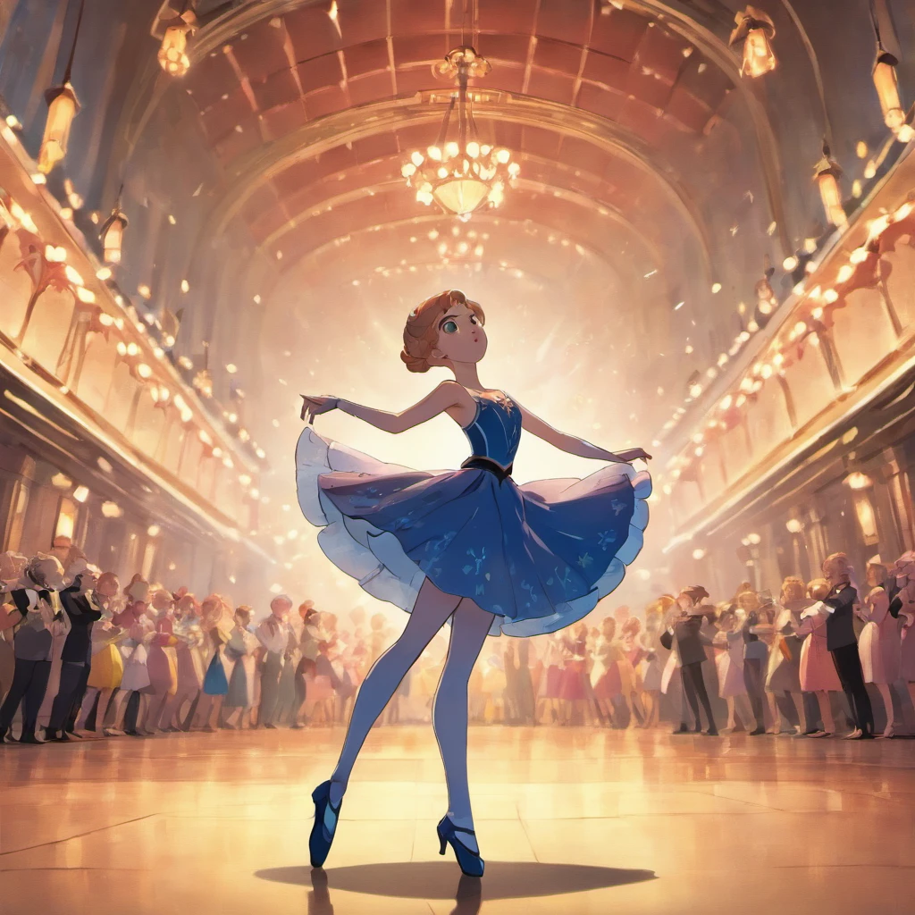 Ballerina dances with her prince the ballet The Nutcracker on the stage of the theater, At the back of the stage, ballerinas dance illuminated::style pixar cartoon