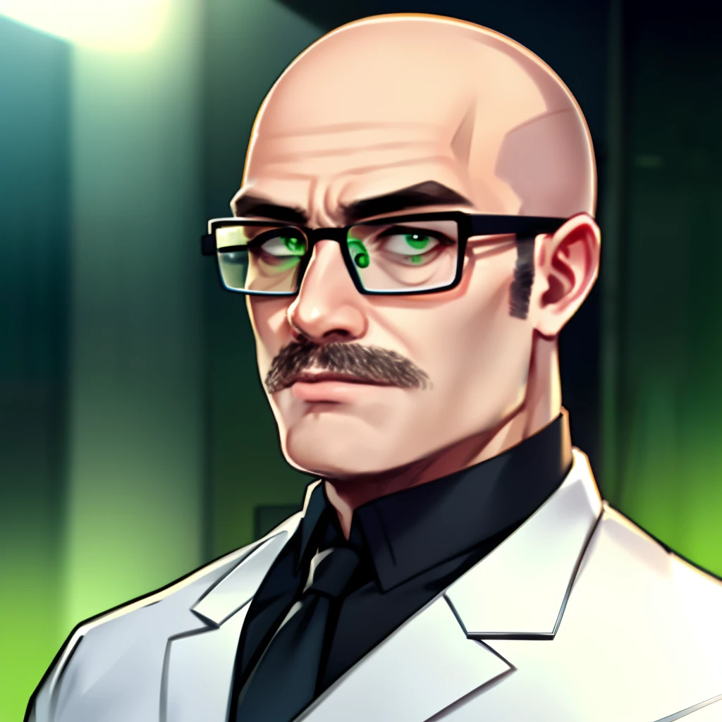 Bald Teacher Man Wearing Transparent Material Glasses With Green Eyes, barba curta e de aproximadamente 40 anos