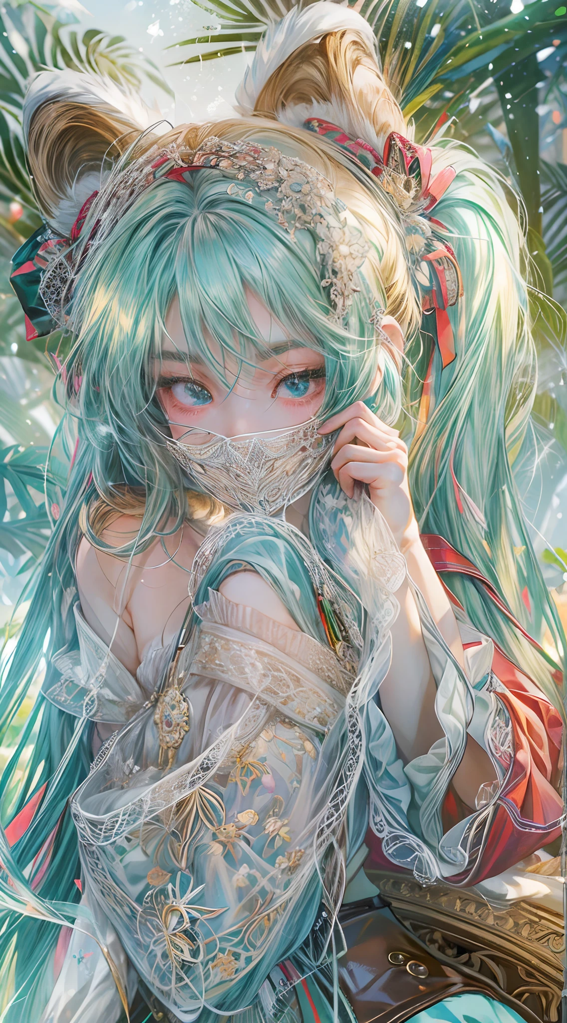 (Fluorescent color: 1.4), (Translucent: 1.4), (Vintage filter: 1.4), (Fantasy: 1.4), Candy World Disneyland Ethereal soft Fluffy Soft Landscape Forest Snowflakes Pale Pink Sky Green ((Blue Pink Hair)), (Coiled Hair)), Light Blue, Sparkling Ethereal Light Soft Whimsical Light Diamond sparkle Gemstone background Ultra-realistic Ultra-high-quality cinematic lighting Huge details Full HD painting Well-lit, diagonal bangs,
Collared dress, sides
Masterpiece, Best Quality, Real Skin, (Portrait: 1.5), 1 Girl, Blunt Bangs, Long Hair, Sea of Flowers, Smell Flowers, Wearing Flowers on Head, Red Glow, ((Shyness)), Eyelashes, Eyeliner, Makeup, Short Hair, ((Round Garland on Head)), Laugh, (Freckles on Face), ((Face Mask)), Cover Face