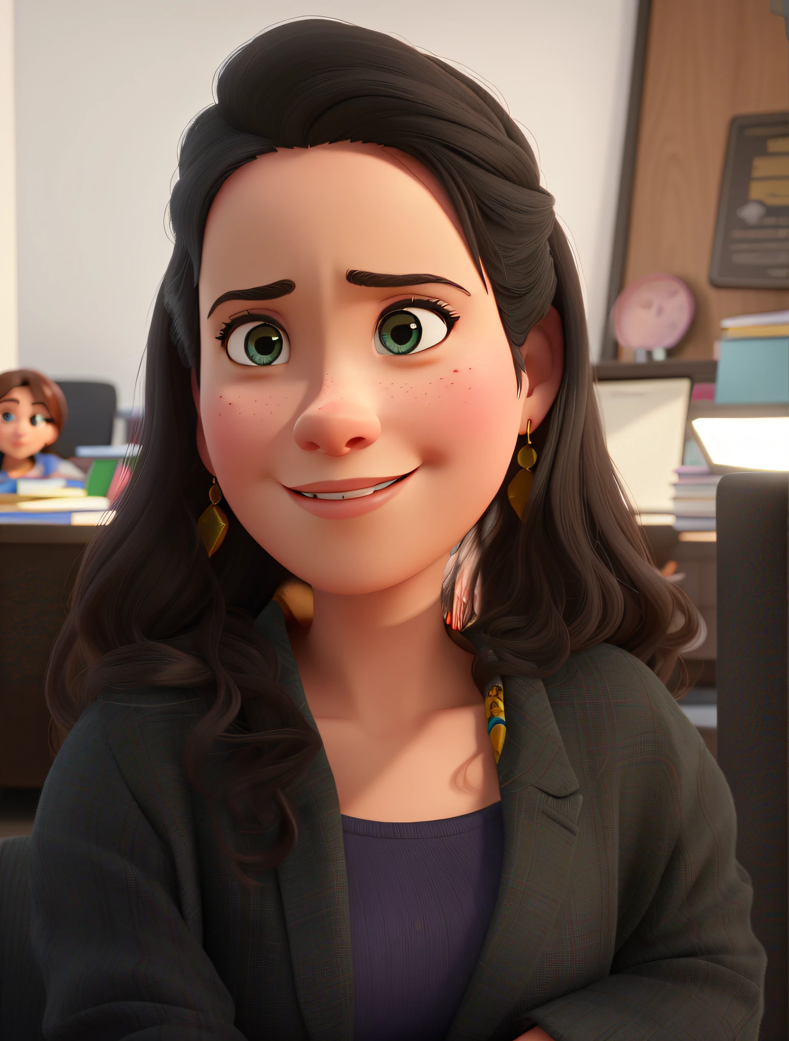 uma mulher no escritorio sentada na mesa estilo disney pixar, alta qualidade, melhor qualidade
