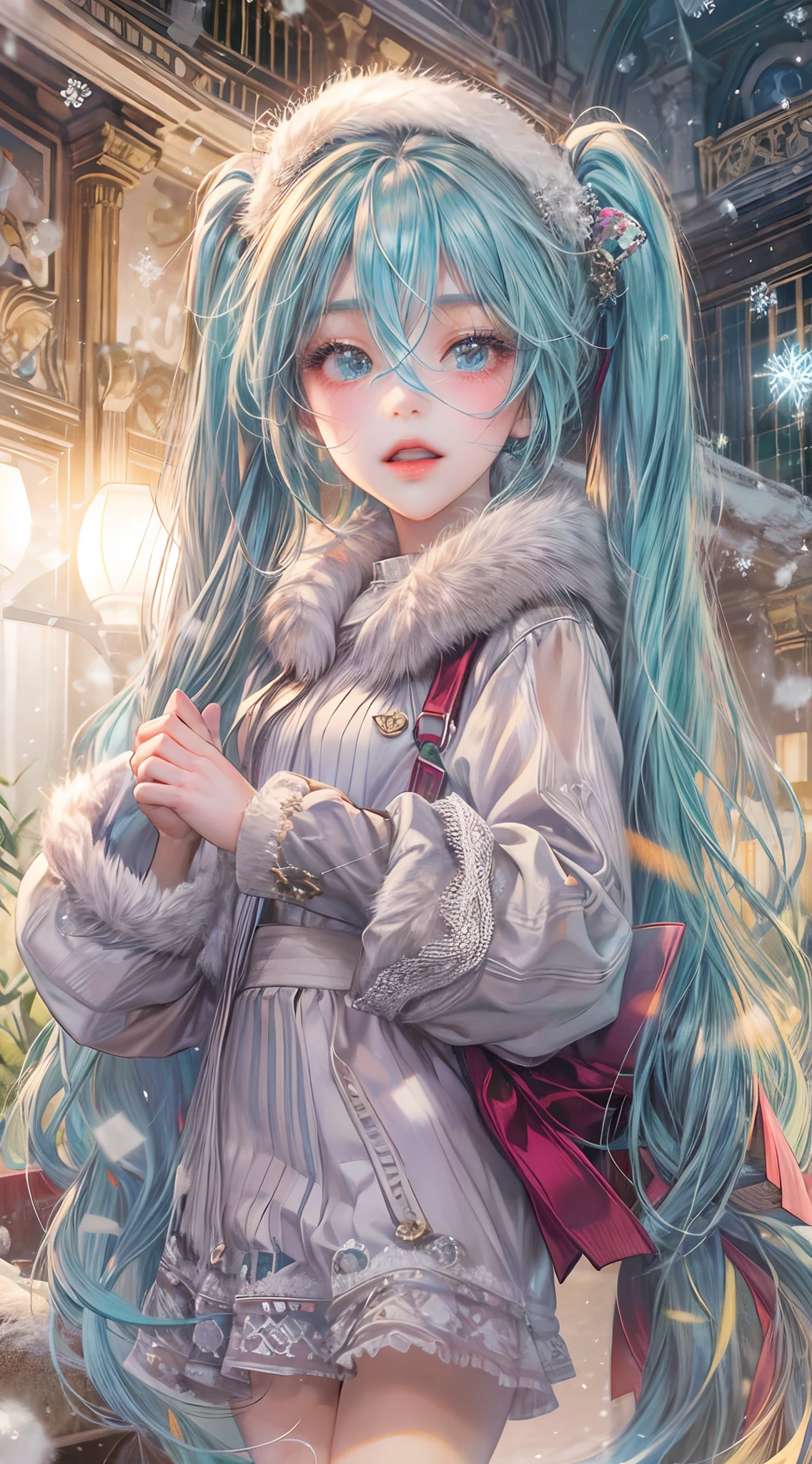 Absurdres masterpiece HDR high quality picture of Hatsune Miku, very young age girl 14 years old with detailed face, simple hair design , beautiful face, simple pose hands hiding in her long hair and clothes, very long hair, ((random hair style:1 )) , anime eyes, light skin , 

Santa Claus outfit , detailed hair ornaments  , winter muffs and fur hat, beautiful background, masterpiece scenery