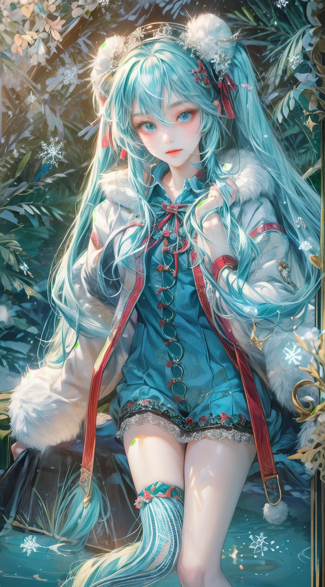 Absurdres masterpiece HDR high quality picture of Hatsune Miku, very young age girl 14 years old with detailed face, simple hair design , beautiful face, simple pose hands hiding in her long hair and clothes, very long hair, ((random hair style:1 )) , anime eyes, light skin ,
Santa Claus outfit , detailed hair ornaments , winter muffs and fur hat, beautiful background, masterpiece scenery