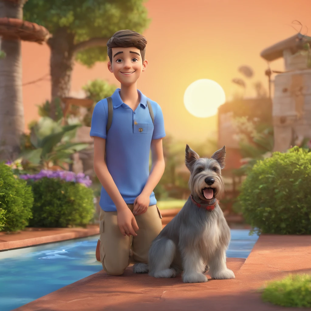Lucas is a smiling -yeld hu boy, com seu fiel amigo, Bolt, o cachorro schnauzer, deitados no jardim