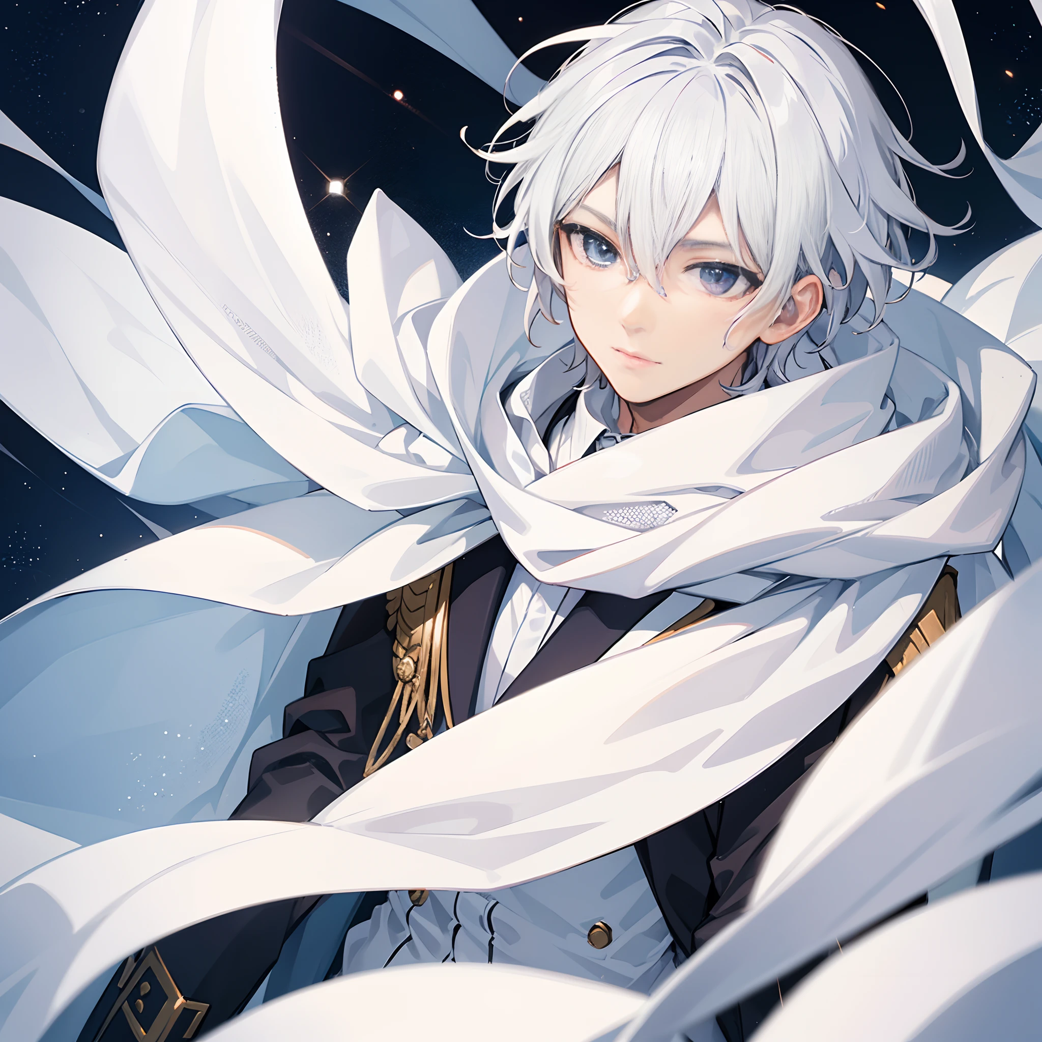 1 boy,white fluffy hair,silver eyes,white suit,white scarf,high quality,high detail
