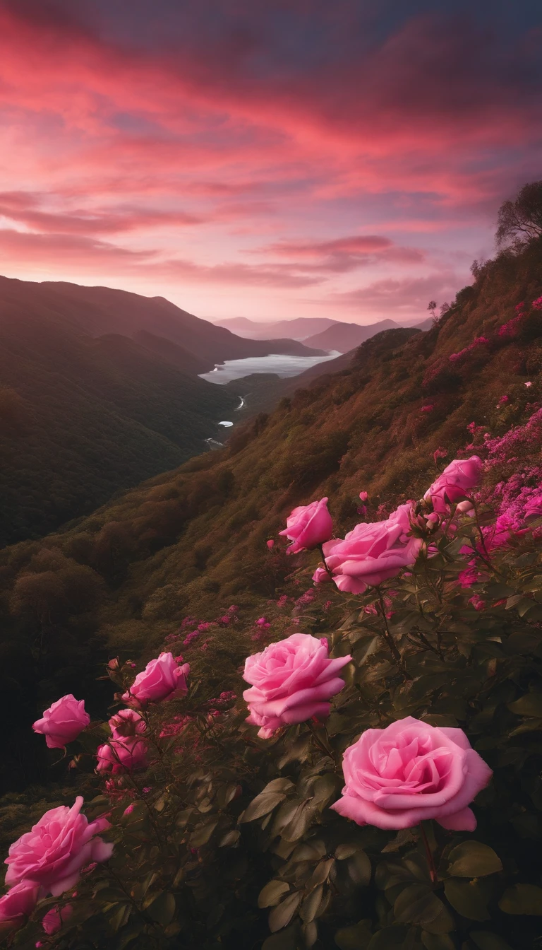 Paisagem realista, com as cores rosas, branco e preto, cores bem vivas e fortes, hiper realista, 8k