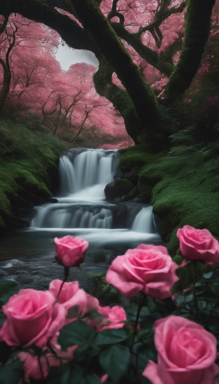 Paisagem realista, com as cores rosas, branco e preto, cores bem vivas e fortes, hiper realista, 8k