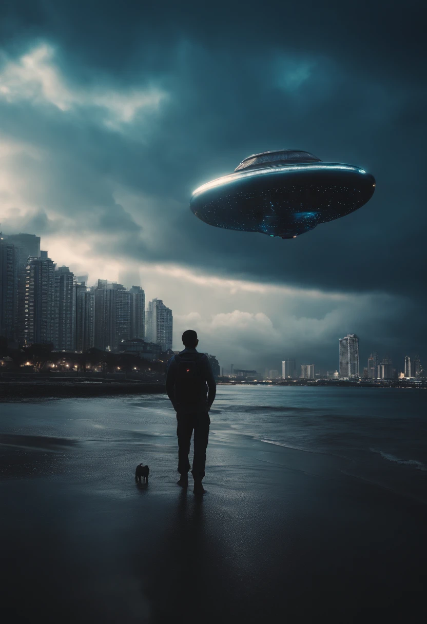 Um garoto negro, Child on a beach in the background of the city overshadowed by the clouds an extraterrestrial spaceship hovering over the city sky, This ship has rich details and blue lights, como se ela tivesse vindo do futuro do ano 5.062