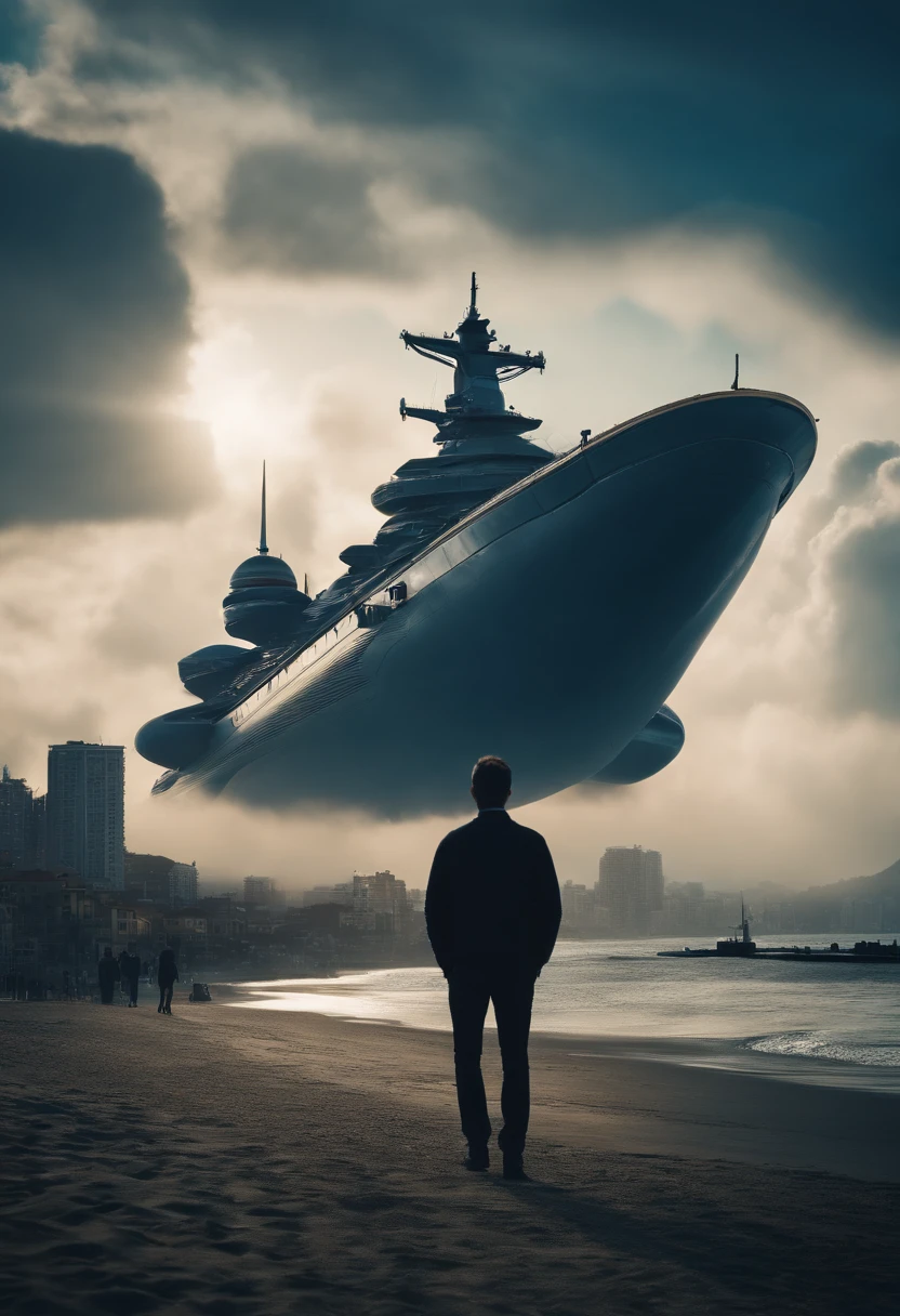 Um garoto negro, Child on a beach in the background of the city overshadowed by the clouds an extraterrestrial spaceship hovering over the city sky, This ship has rich details and blue lights, como se ela tivesse vindo do futuro do ano 5.062