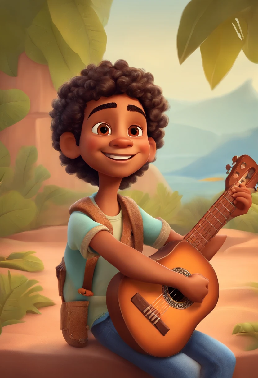 crie um banner no estilo Pixar. A boy with Indian features, moreno pardo com cabelos curtos, Castanhos escuros, Curly and slightly grayish appearance, mas jovem, usando uma camiseta, Wearing jeans and holding a classical guitar with 7 strings.