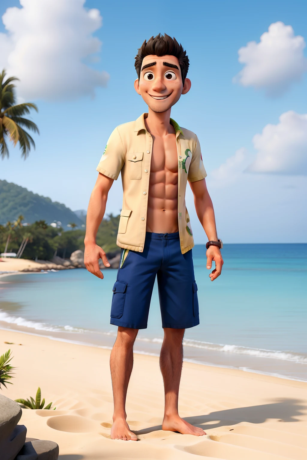a painting by mse a young man, muscular, handsome, shirtless, with blue short, on the beach, short hair
